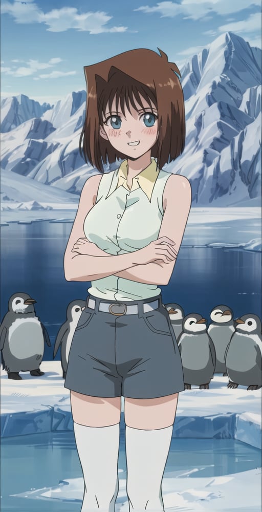 TG, girl, solo, looking at viewer, grin, blush, hugging self, freezing, (army of penguins), sleeveless shirt, shirt tucked in, collar, blue shorts, white thighhighs, belt, ice field, snow, cold, perfect quality, good quality, masterpiece, HDR, UHD <lora:Tea Gardner-000003:0.8>