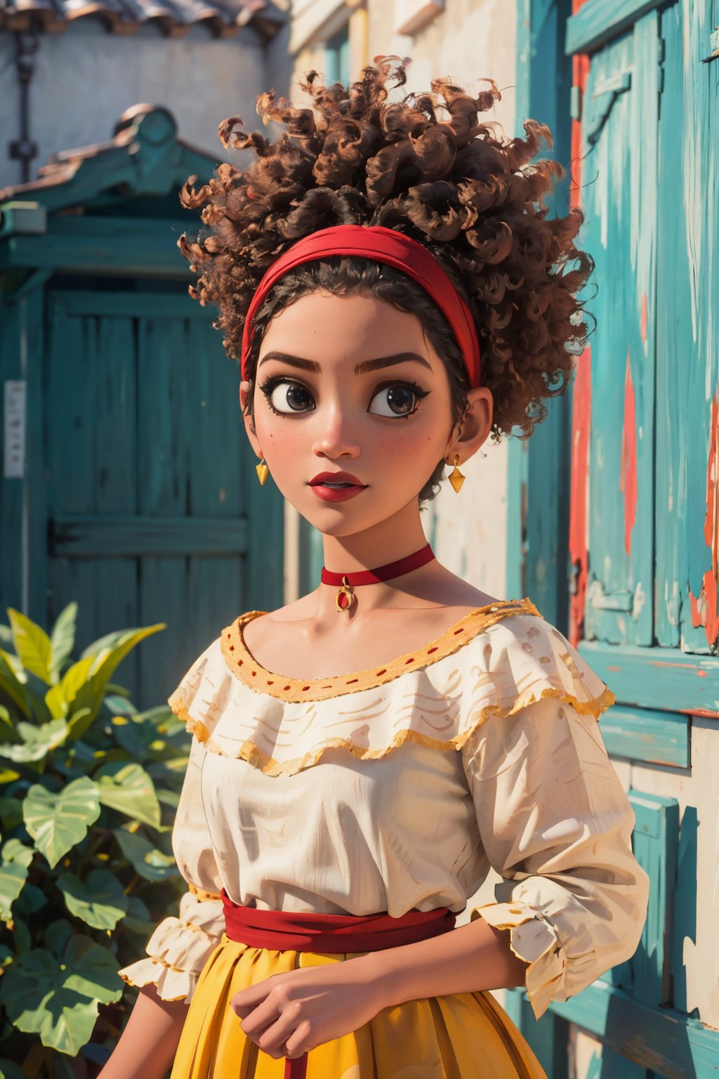 (Best quality, Masterpiece, detailed background:1.4), 1girl, solo, doloresmadrigal, afro, hairband, traditional clothes, choker, looking_at_viewer