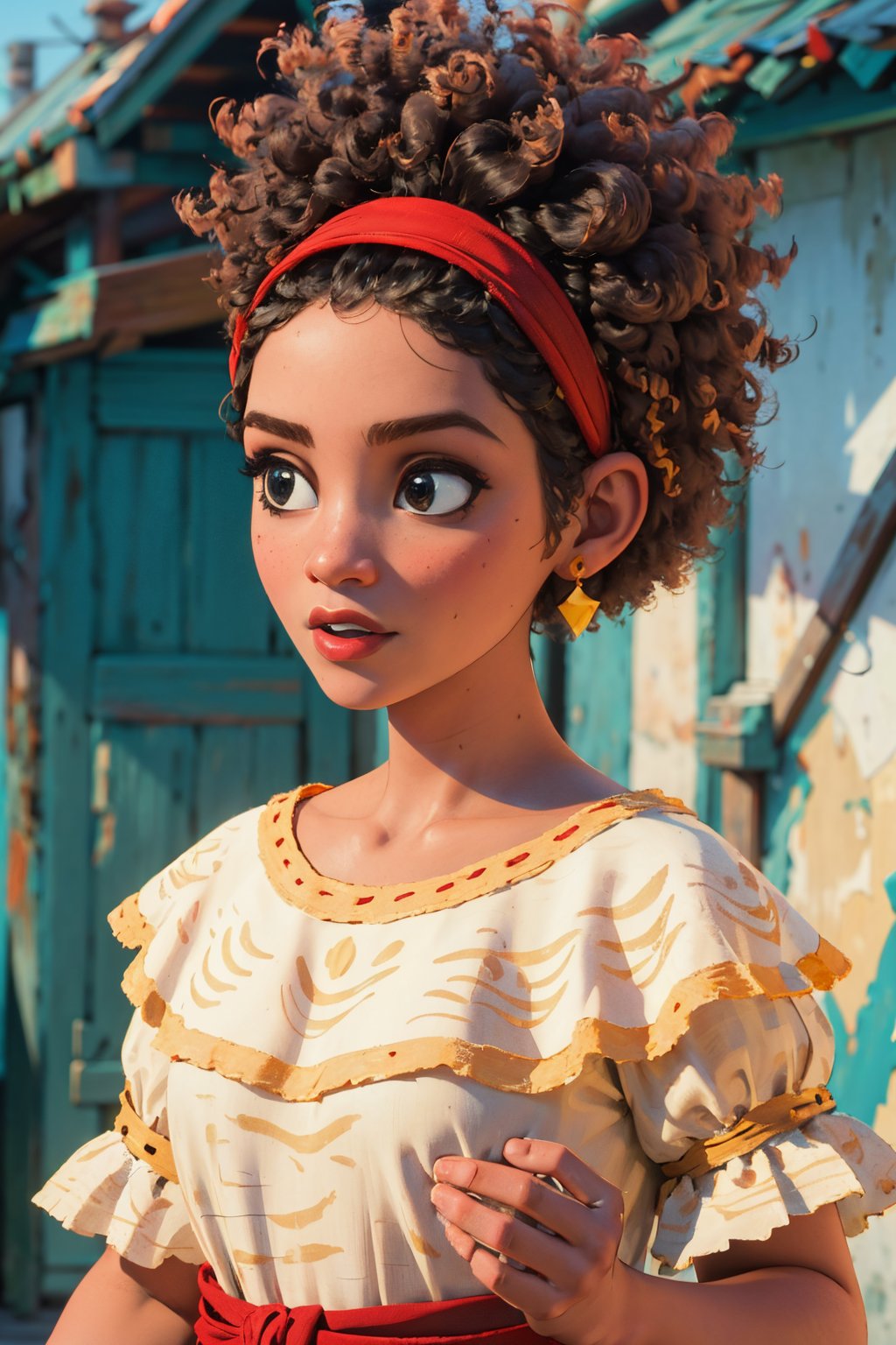 (Best quality, Masterpiece, detailed background:1.4), 1girl, solo, doloresmadrigal, afro, hairband, traditional clothes