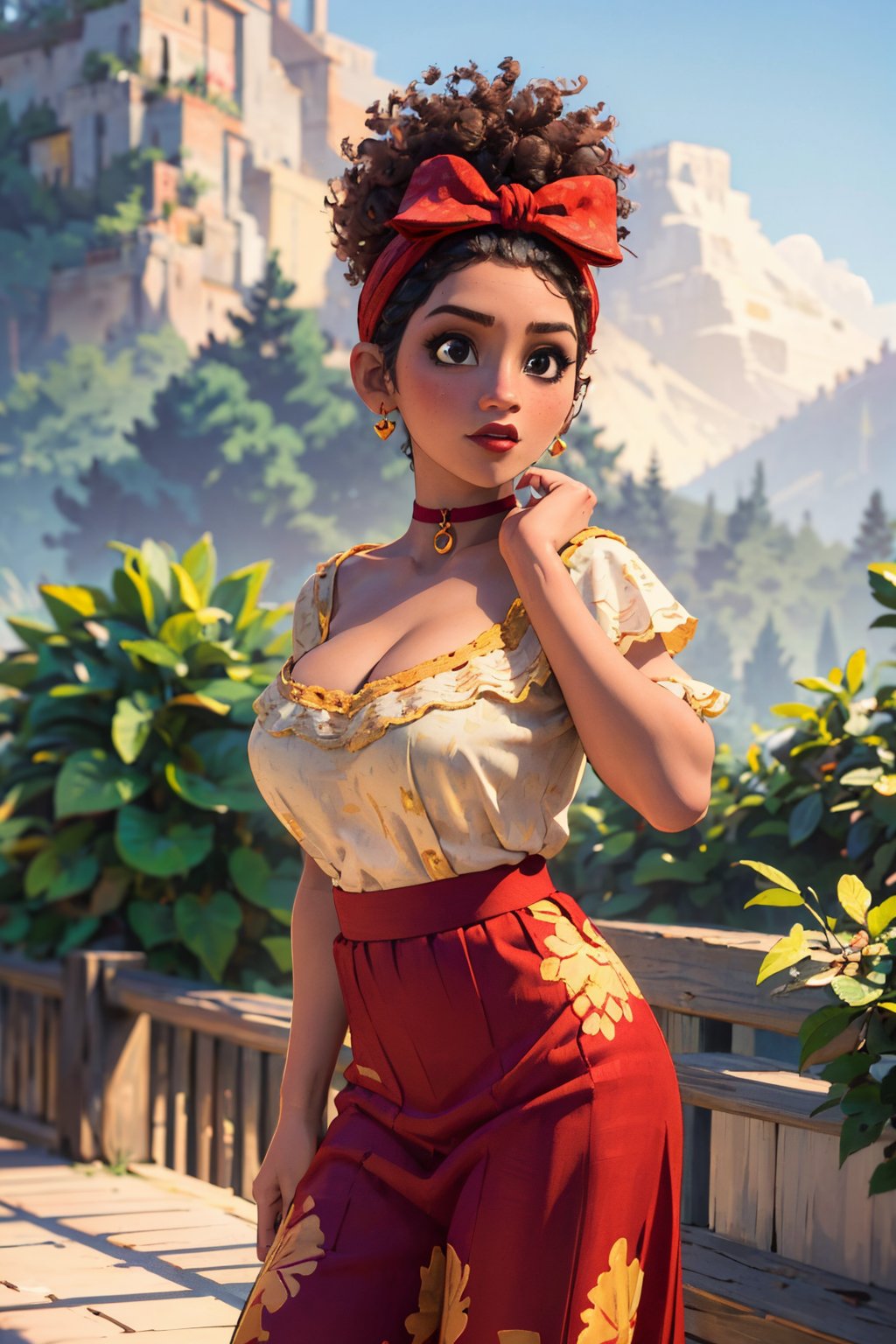 (Best quality, Masterpiece, detailed background:1.4), 1girl, solo, doloresmadrigal, afro, hairband, hairbow, traditional clothes, choker, (looking_at_viewer, sexy pose, cowboy_shot, large_breasts:1.3), red skirt
