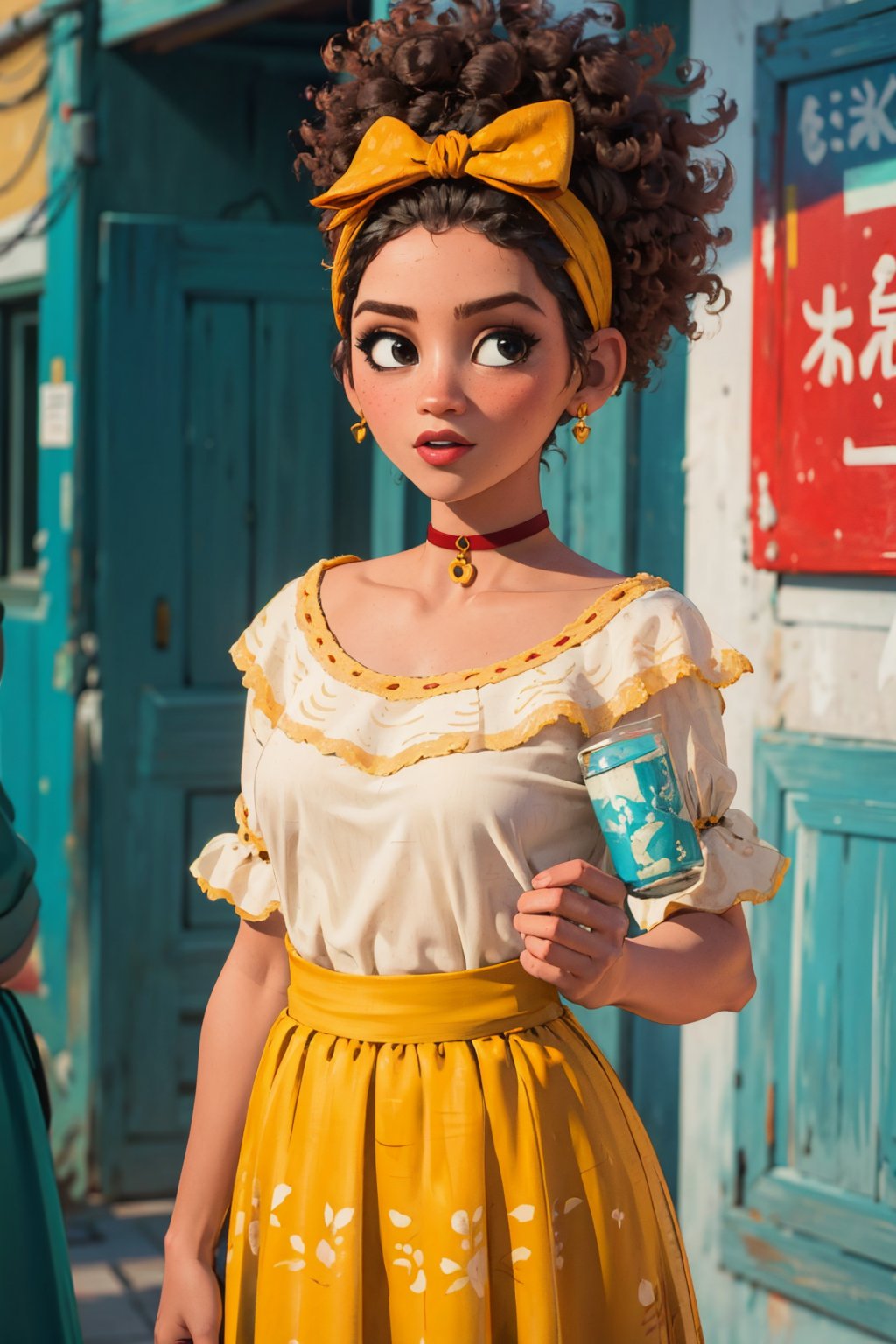 (Best quality, Masterpiece, detailed background:1.4), 1girl, solo, doloresmadrigal, afro, hairband, hairbow, traditional clothes, choker, looking_at_viewer, sexy pose, cowboy_shot, large_breasts, yellow skirt