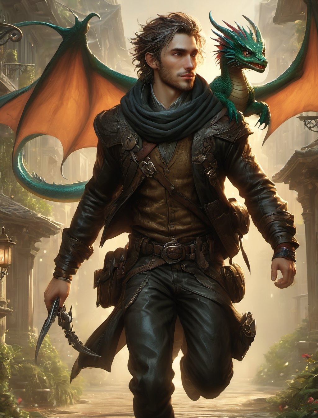 {{best quality}},  {{masterpiece}},  {{ultra-detailed}},  {illustration},  "thieves running away from a heist"!,  and a handsome rogue thief has a small dragon flying behind him,  smirk,  action scene,  artgerm,  greg rutowski and wlop,  intricate details,  3D rendering,  octane rendering. Dan mumford and mark brooks and russ mills,  cgsociety,  character promo,  bright happy fun mood,  laughter,  lushill digital painting,  32k,  , PetDragon2024xl,<lora:EMS-278003-EMS:0.800000>
