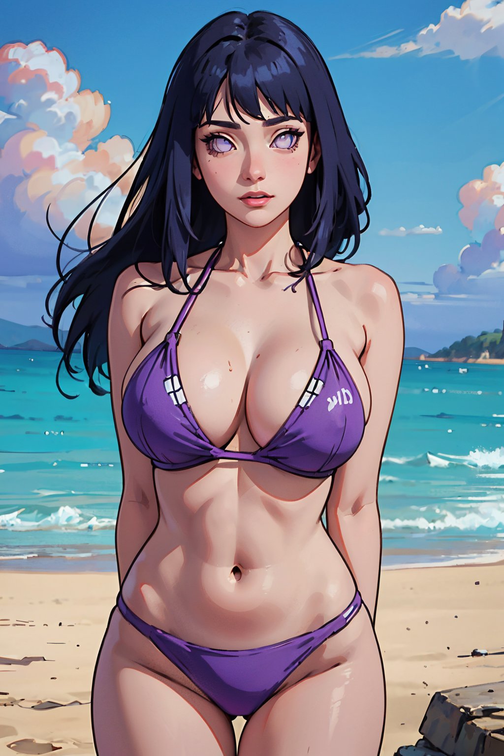 (Best quality,  Masterpiece,  detailed background:1.4),  1girl,  solo,  hinata,  looking_at_viewer,  purple bikini,  collarbone,  white eyes,  blank eyes,  long hair,  cowboy_shot,  sexy pose,  huge_breasts,  beach,  arms_behind_back,  fishnet_shirt,  seductive_pose,  narrow waist,  curvy_hips,<lora:EMS-278051-EMS:0.800000>