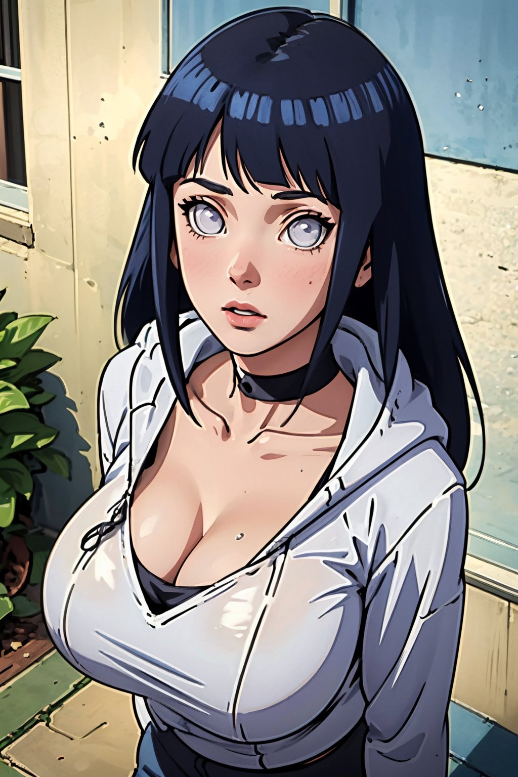 (Best quality,  Masterpiece,  detailed background:1.4),  1girl,  solo,  hinata,  looking_at_viewer,  hoodie,  ninja band,  collarbone,  neckband,  white eyes,  blank eyes,  long hair,  cowboy_shot,  sexy pose,  huge_breasts,  konohagakure streets,  from_above,  ninja,<lora:EMS-278051-EMS:0.800000>