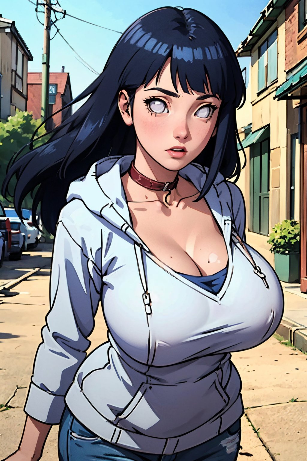 (Best quality,  Masterpiece,  detailed background:1.4),  1girl,  solo,  hinata,  looking_at_viewer,  hoodie,  collar,  collarbone,  neckband,  white eyes,  blank eyes,  long hair,  cowboy_shot,  sexy pose,  huge_breasts,  konohagakure streets,<lora:EMS-278051-EMS:0.800000>