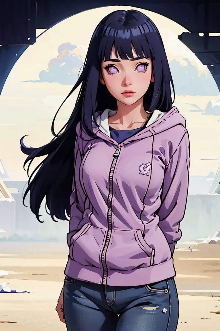 (Best quality, Masterpiece, detailed background:1.4), 1girl, solo, hinata, looking_at_viewer, hoodie, bangs, purple eyes, blank eyes, long hair, cowboy_shot, sexy pose,hinata,purple_eyes