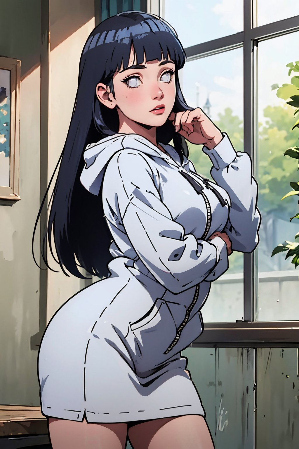 (Best quality,  Masterpiece,  detailed background:1.4),  1girl,  solo,  hinata,  looking_at_viewer,  hoodie,  bangs,  white eyes,  blank eyes,  long hair,  cowboy_shot,  sexy pose,<lora:EMS-278051-EMS:0.800000>