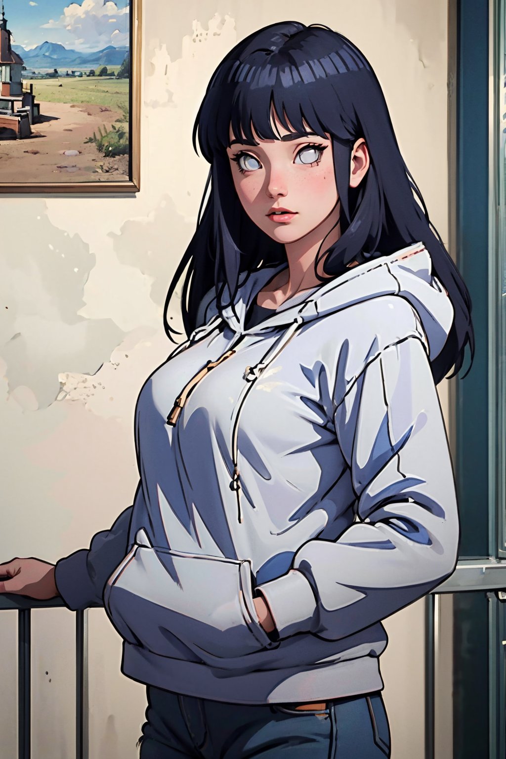 (Best quality,  Masterpiece,  detailed background:1.4),  1girl,  solo,  hinata,  looking_at_viewer,  hoodie,  bangs,  white eyes,  blank eyes,  long hair,  cowboy_shot,  sexy pose,<lora:EMS-278051-EMS:0.800000>