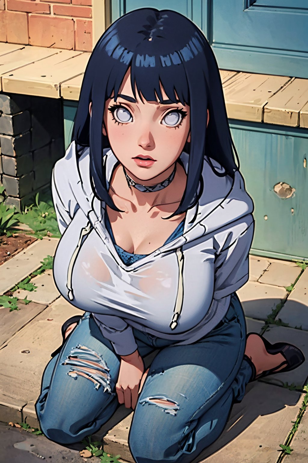 (Best quality,  Masterpiece,  detailed background:1.4),  1girl,  solo,  hinata,  looking_at_viewer,  hoodie,  ninja band,  collarbone,  neckband,  white eyes,  blank eyes,  long hair,  cowboy_shot,  sexy pose,  huge_breasts,  konohagakure streets,  from_above,  kneeling,  fishnet shirt,<lora:EMS-278051-EMS:0.800000>