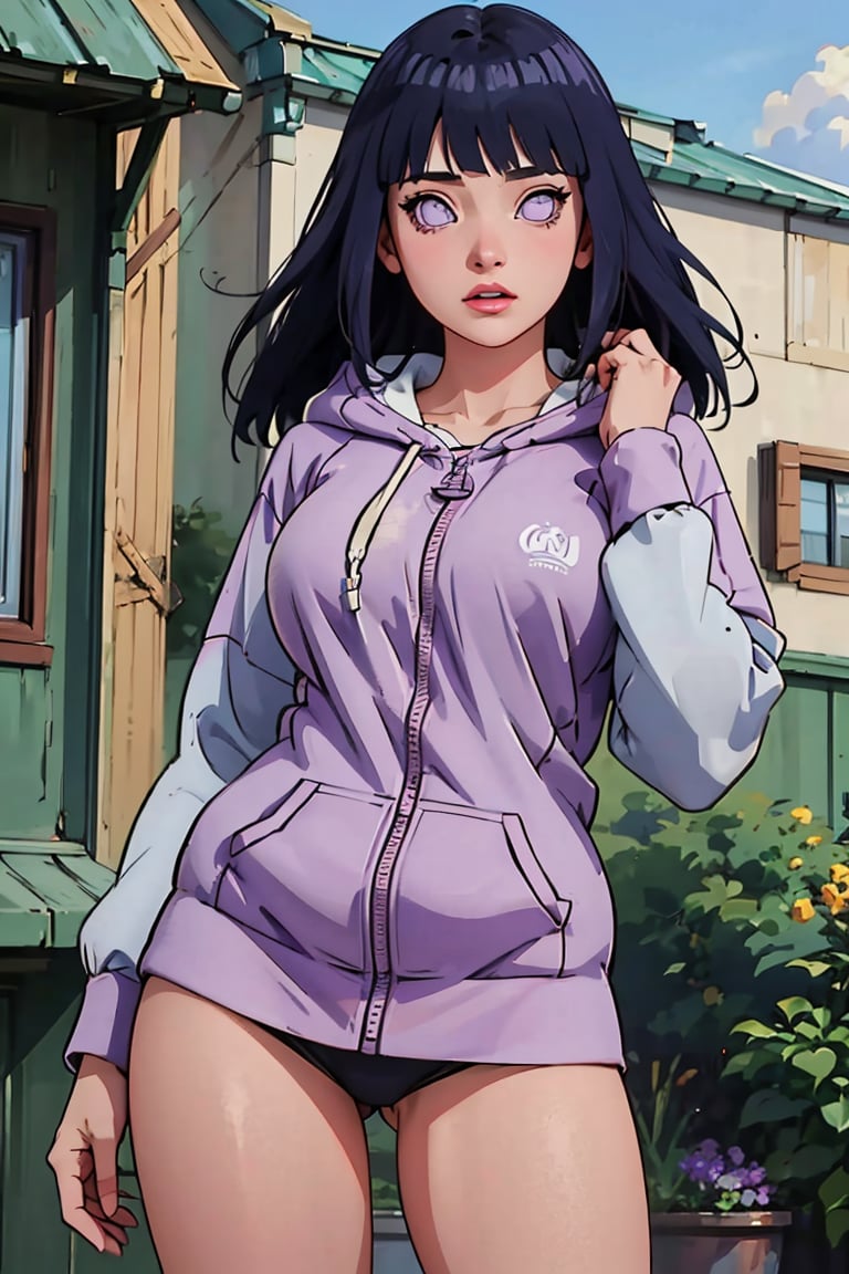 (Best quality, Masterpiece, detailed background:1.4), 1girl, solo, hinata, looking_at_viewer, hoodie, bangs, purple eyes, blank eyes, long hair, cowboy_shot, sexy pose,hinata,purple_eyes