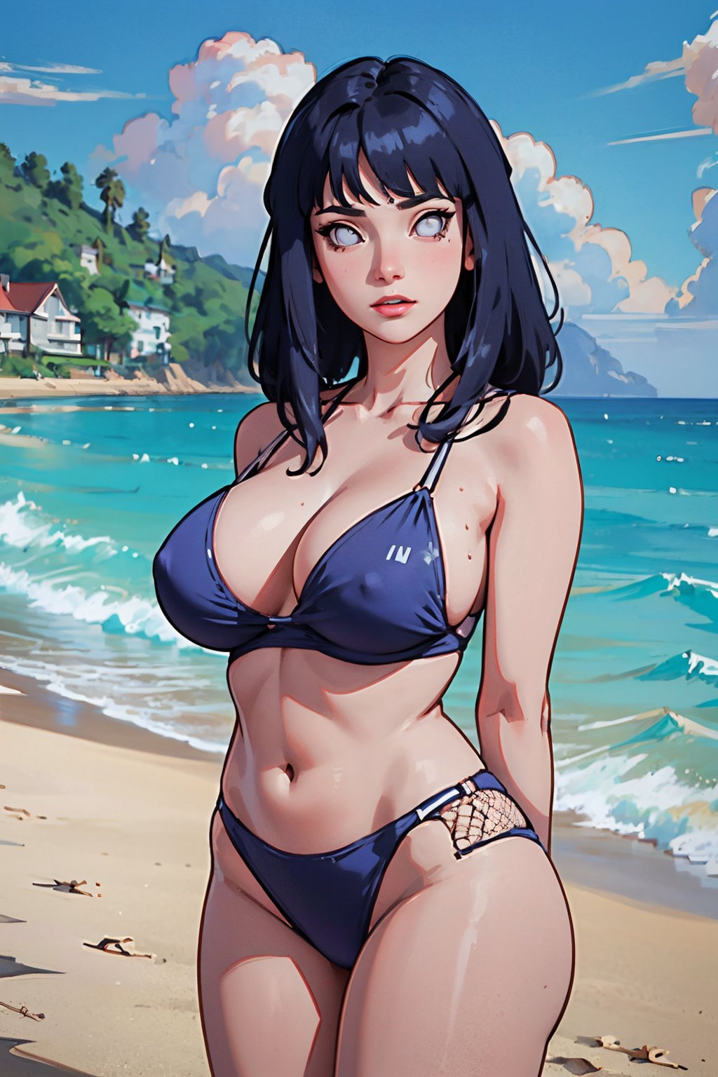 (Best quality,  Masterpiece,  detailed background:1.4),  1girl,  solo,  hinata,  looking_at_viewer,  bikini,  collarbone,  white eyes,  blank eyes,  long hair,  cowboy_shot,  sexy pose,  huge_breasts,  beach,  arms_behind_back,  fishnet_shirt,  seductive_pose,  narrow waist,  curvy_hips,<lora:EMS-278051-EMS:0.800000>