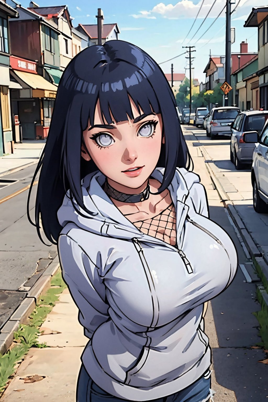 (Best quality,  Masterpiece,  detailed background:1.4),  1girl,  solo,  hinata,  looking_at_viewer,  hoodie,  ninja band,  collarbone,  neckband,  white eyes,  blank eyes,  long hair,  cowboy_shot,  sexy pose,  huge_breasts,  konohagakure streets,  from_above,  arms_behind_back,  fishnet shirt,  happy_face,<lora:EMS-278051-EMS:0.800000>