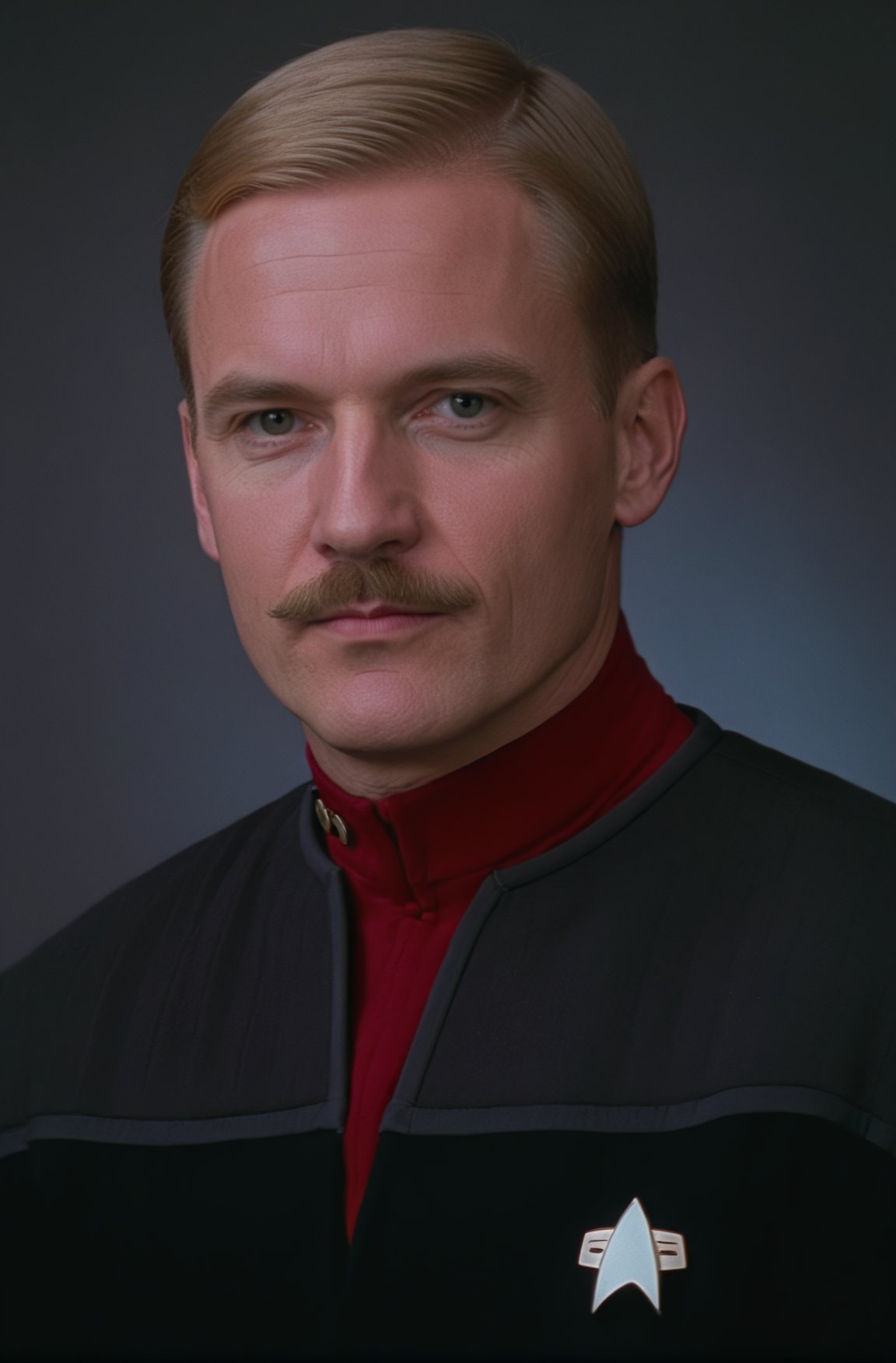 blond man,small moustache, in black and grey ds9st uniform,red collar,professional photo, shot on Hasselblad 
