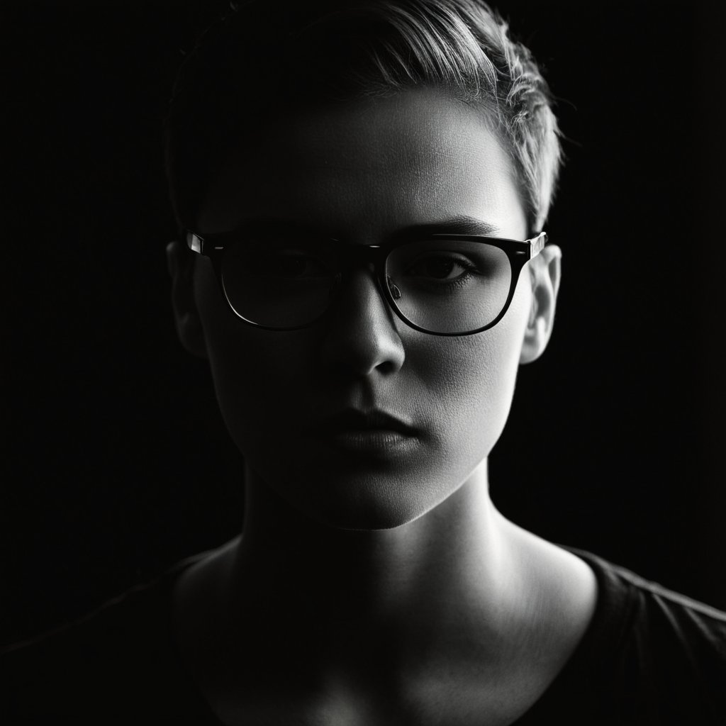 cinematic film still of  <lora:Low-key lighting Style:1>dim light, low light, dramatic light, partially covered in shadow, a woman with glasses on her face Low-key lighting Style,solo,simple background,1boy,monochrome,greyscale,male focus,parted lips,glasses,sunglasses,black background,realistic,bald, shallow depth of field, vignette, highly detailed, high budget, bokeh, cinemascope, moody, epic, gorgeous, film grain, grainy