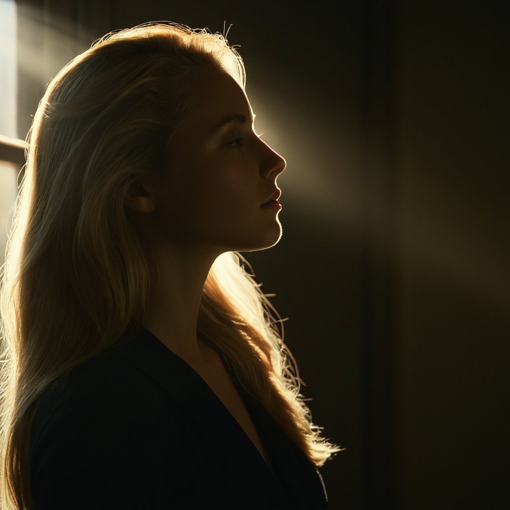 cinematic film still of  <lora:Low-key lighting Style:1>dim light, low light, dramatic light, partially covered in shadow, a woman standing in front of a window with a light coming through it Low-key lighting Style,1girl,solo,long hair,blonde hair,closed eyes,upper body,indoors,from side,window,profile,sunlight,looking up,light rays,light,sunbeam, shallow depth of field, vignette, highly detailed, high budget, bokeh, cinemascope, moody, epic, gorgeous, film grain, grainy