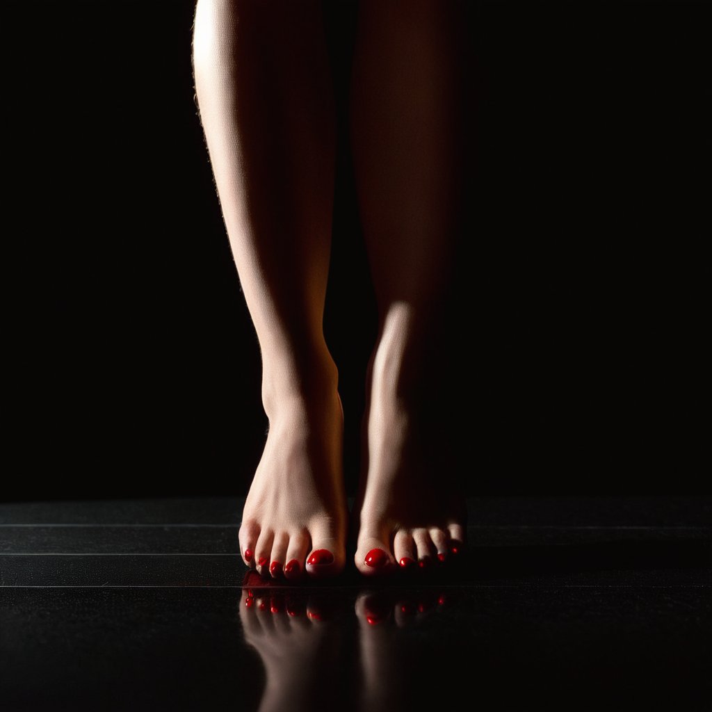 cinematic film still of  <lora:Low-key lighting Style:1>dim light, low light, dramatic light, partially covered in shadow, a woman's feet with red nail polish and a black background Low-key lighting Style,1girl,solo,simple background,barefoot,nail polish,feet,toes,red nails,close-up,out of frame,toenails,toenail polish,foot focus, shallow depth of field, vignette, highly detailed, high budget, bokeh, cinemascope, moody, epic, gorgeous, film grain, grainy