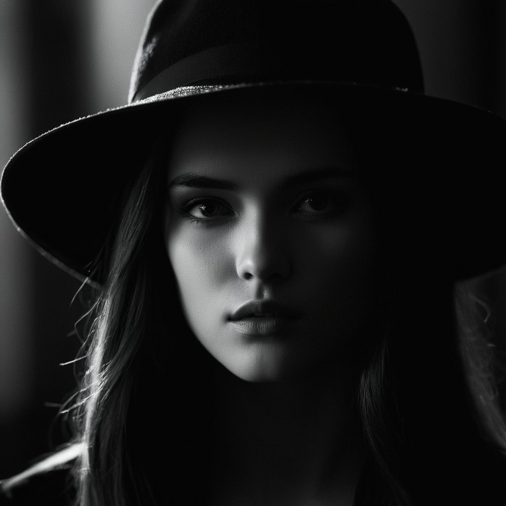 cinematic film still of  <lora:Low-key lighting Style:1>dim light, low light, dramatic light, partially covered in shadow, a woman with a black top and a hat Low-key lighting Style,1girl,solo,long hair,looking at viewer,1boy,monochrome,greyscale,male focus,parted lips,blurry,lips,messy hair,portrait,realistic, shallow depth of field, vignette, highly detailed, high budget, bokeh, cinemascope, moody, epic, gorgeous, film grain, grainy