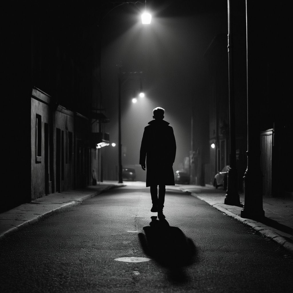 cinematic film still of  <lora:Low-key lighting Style:1>dim light, low light, dramatic light, partially covered in shadow, a person walking down a street at night Low-key lighting Style,solo,1boy,standing,monochrome,greyscale,from behind,shadow,scenery,1other,walking,sign,light,road,dark,lamppost,road sign, shallow depth of field, vignette, highly detailed, high budget, bokeh, cinemascope, moody, epic, gorgeous, film grain, grainy