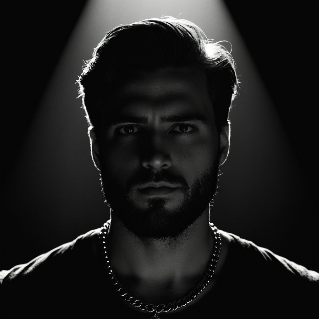 cinematic film still of  <lora:Low-key lighting Style:1>dim light, low light, dramatic light, partially covered in shadow, a man with a beard and a necklace Low-key lighting Style,solo,looking at viewer,simple background,1boy,closed mouth,monochrome,greyscale,male focus,black background,portrait,realistic, shallow depth of field, vignette, highly detailed, high budget, bokeh, cinemascope, moody, epic, gorgeous, film grain, grainy