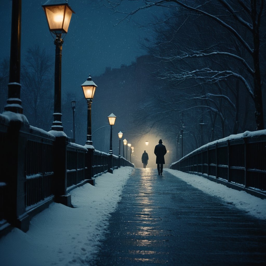 cinematic film still of  <lora:Low-key lighting Style:1>dim light, low light, dramatic light, partially covered in shadow, a bridge with a lamp post and a person walking on it Low-key lighting Style,outdoors,sky,night,building,scenery,snow,rain,snowing,road,dark,lamppost,street, shallow depth of field, vignette, highly detailed, high budget, bokeh, cinemascope, moody, epic, gorgeous, film grain, grainy