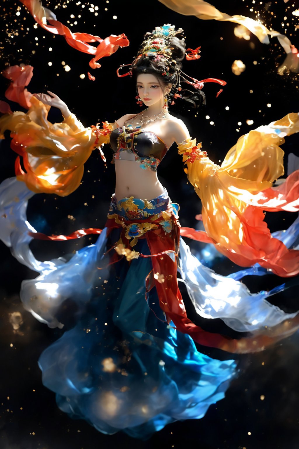 1girl, solo, black hair, jewelry, detached sleeves, midriff, bare shoulders, navel, earrings, wide sleeves, full body, standing,  light particles, shawl