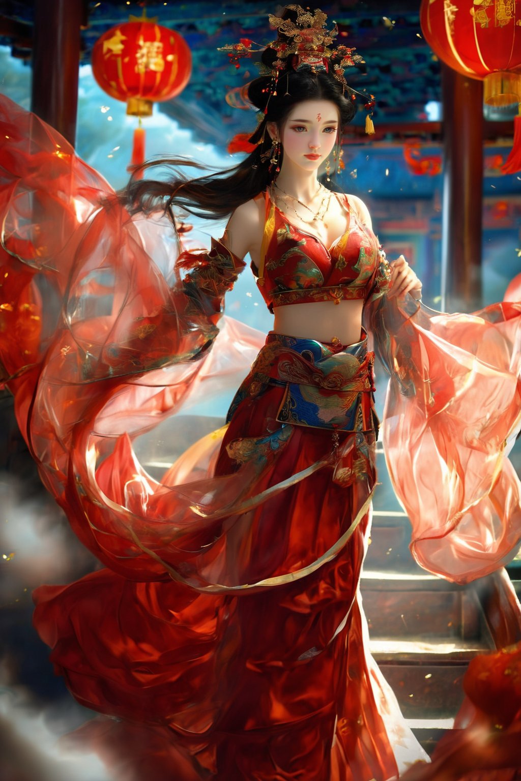 1girl, solo, long hair, breasts, skirt, black hair, hair ornament, long sleeves, navel, cleavage, bare shoulders, jewelry, medium breasts, standing, earrings, detached sleeves, midriff, wide sleeves, necklace, looking to the side, red skirt, chinese clothes, long skirt, lantern, stairs, red lips