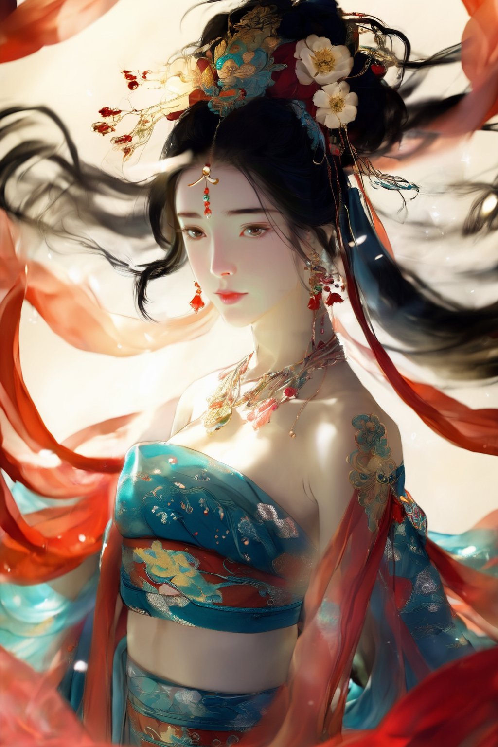 1girl, solo, long hair, looking at viewer, black hair,  bare shoulders, jewelry, standing, flower, earrings, necklace, hair bun, light particles, shawl, red lips, dunhuang,