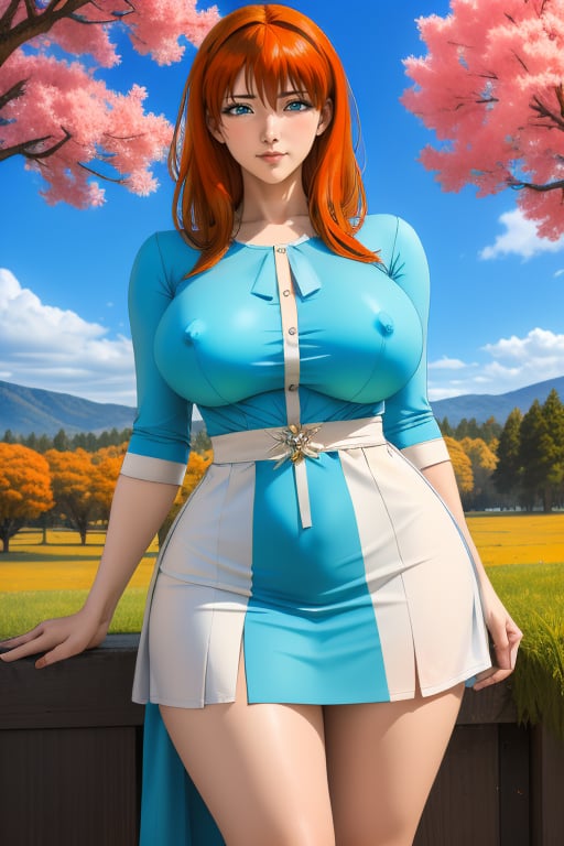 Kyoko Sano is a beautiful woman, 40 years old, pretty face, tall and hourglass, milf, bbw. Long red-orange hair, blue eyes. she has big breasts, large breasts, wide hips, big ass, round ass, wide thighs.  ((She wears a cyan dress with white ornaments, miniskirt)). In the background, the view of a country landscape of orange, yellow, violet and pink trees and green grass, the blue sky with white clouds. Interactive image, detailed image. sciamano240, 1 girl, kyokosano, mature woman