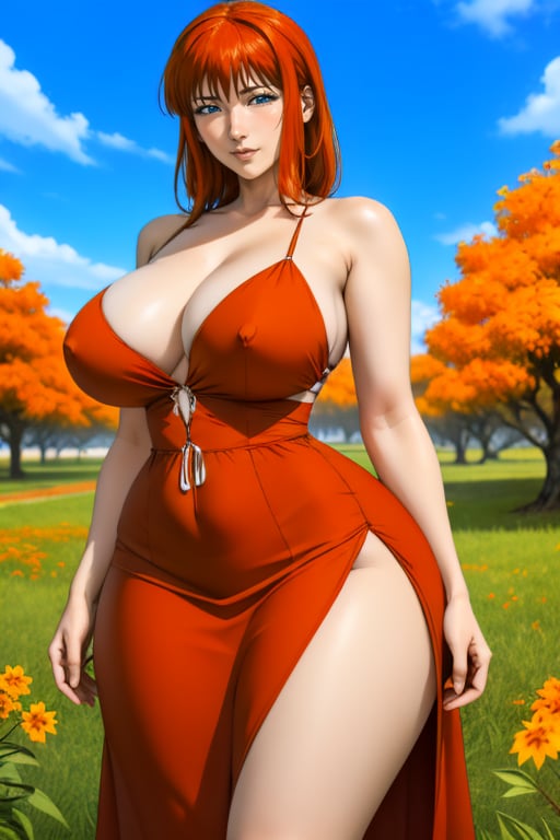Kyoko Sano is a beautiful woman, 40 years old, pretty face, tall and hourglass, milf, bbw. Long red-orange hair, blue eyes. she has big breasts, large breasts, wide hips, big ass, round ass, wide thighs.  She wears a cyan dress with red, orange, yellow ornamental flowers. In the background, the view of a country landscape of orange trees and green grass, the blue sky with white clouds. Interactive image, detailed image. sciamano240, 1 girl, kyokosano, mature woman