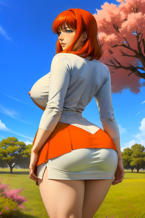 Kyoko Sano is a beautiful woman, 40 years old, pretty face, tall and hourglass, milf, bbw. Long red-orange hair, blue eyes. she has big breasts, large breasts, wide hips, big ass, round ass, wide thighs.  ((She wears a cyan dress with white ornaments, miniskirt)). In the background, the view of a country landscape of orange, yellow, violet and pink trees and green grass, the blue sky with white clouds. Interactive image, detailed image. sciamano240, 1 girl, kyokosano, mature woman