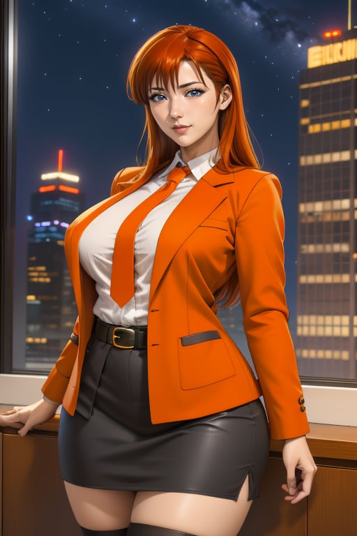 Kyoko Sano is a beautiful woman, 40 years old, pretty face, tall and hourglass, milf, bbw. Long red-orange hair, blue eyes. She is wearing a baggy purple military jacket with gold details that extends to mid-thigh, she has big breasts, large breasts, wide hips, big ass, round ass, wide thighs. 
She is wearing a black sweater and a red tie. She is wearing a black sweater and a red tie. She is wearing a closed light gray suit jacket. She is wearing a light gray skirt, she is wearing a white belt, she is wearing black stockings. In the background, the view of a business office with a large window overlooking the buildings and the starry night sky. Interactive image, detailed image. sciamano240, 1 girl, kyokosano, mature woman