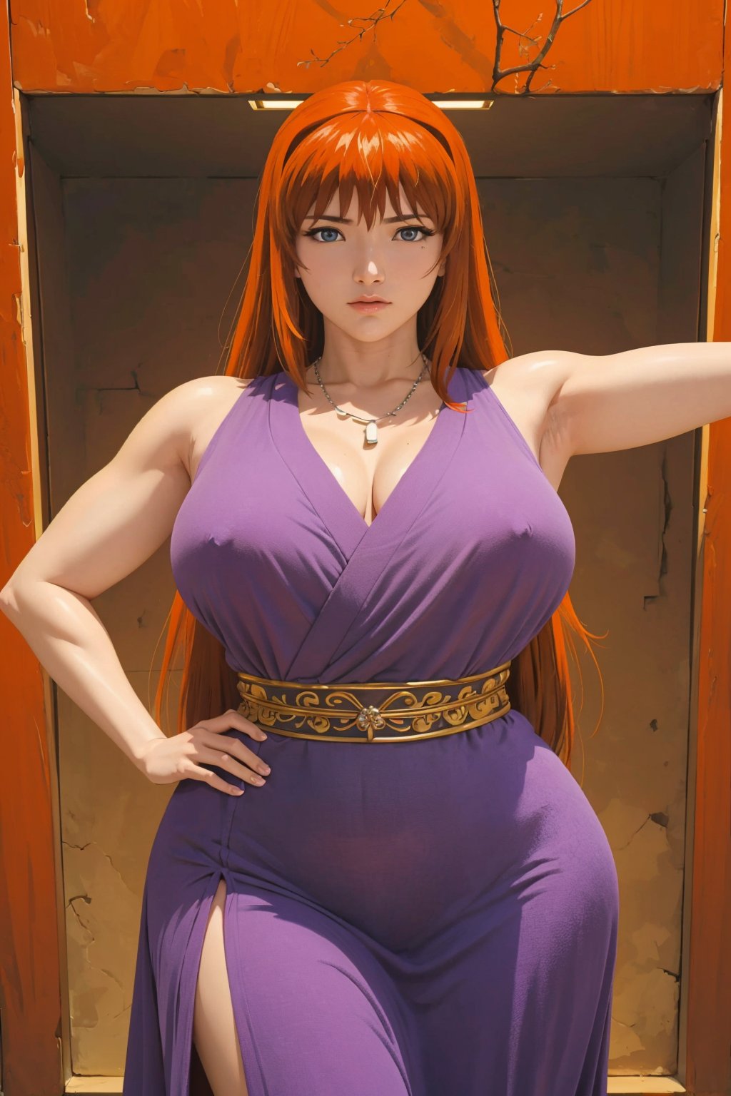 1girl, solo, Kyoko Sano, oil painting, impasto, looking at viewer, a beautiful woman, 32 years old, ((action scene)), long red_orange hair, blue eyes, tribal necklace, red and purple, dress, bbw, muscular body, big breasts, wide hips,  psychedelic landscape background, masterpiece, nijistyle, niji, ,sciamano240, soft shading, fantasy, kyokosano