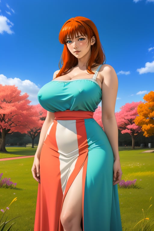 Kyoko Sano is a beautiful woman, 40 years old, pretty face, tall and hourglass, milf, bbw. Long red-orange hair, blue eyes. she has big breasts, large breasts, wide hips, big ass, round ass, wide thighs.  ((She wears a cyan dress with white ornaments)). In the background, the view of a country landscape of orange, yellow, violet and pink trees and green grass, the blue sky with white clouds. Interactive image, detailed image. sciamano240, 1 girl, kyokosano, mature woman