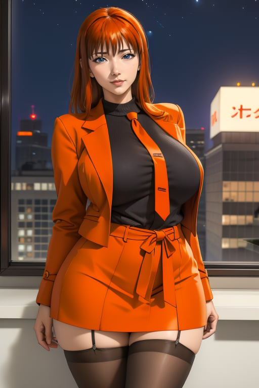 Kyoko Sano is a beautiful woman, 40 years old, pretty face, tall and hourglass, milf, bbw. Long red-orange hair, blue eyes. She is wearing a baggy purple military jacket with gold details that extends to mid-thigh, she has big breasts, large breasts, wide hips, big ass, round ass, wide thighs. She wears a black sweater, with a red tie. She wears a black sweater, with a red tie. She wears a light_gray suit jacket with white vertical lines. She wears a light_gray skirt with white vertical lines, she wears black stockings. In the background the view of a business office with a large window overlooking the buildings and the starry night sky. Interactive image, detailed image. sciamano240, 1 girl, kyokosano, mature woman