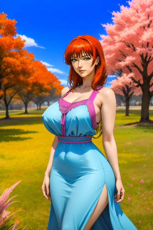 Kyoko Sano is a beautiful woman, 40 years old, pretty face, tall and hourglass, milf, bbw. Long red-orange hair, blue eyes. she has big breasts, large breasts, wide hips, big ass, round ass, wide thighs.  ((She wears a cyan dress with ornaments)). In the background, the view of a country landscape of orange, yellow, violet and pink trees and green grass, the blue sky with white clouds. Interactive image, detailed image. sciamano240, 1 girl, kyokosano, mature woman