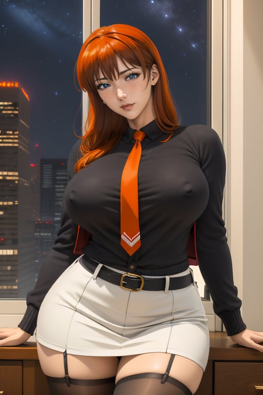 Kyoko Sano is a beautiful woman, 40 years old, pretty face, tall and hourglass, milf, bbw. Long red-orange hair, blue eyes. She is wearing a baggy purple military jacket with gold details that extends to mid-thigh, she has big breasts, large breasts, wide hips, big ass, round ass, wide thighs. 
She is wearing a black sweater and a red tie. She is wearing a black sweater and a red tie. She is wearing a closed light gray suit jacket. She is wearing a light gray skirt, she is wearing a white belt, she is wearing black stockings. In the background, the view of a business office with a large window overlooking the buildings and the starry night sky. Interactive image, detailed image. sciamano240, 1 girl, kyokosano, mature woman