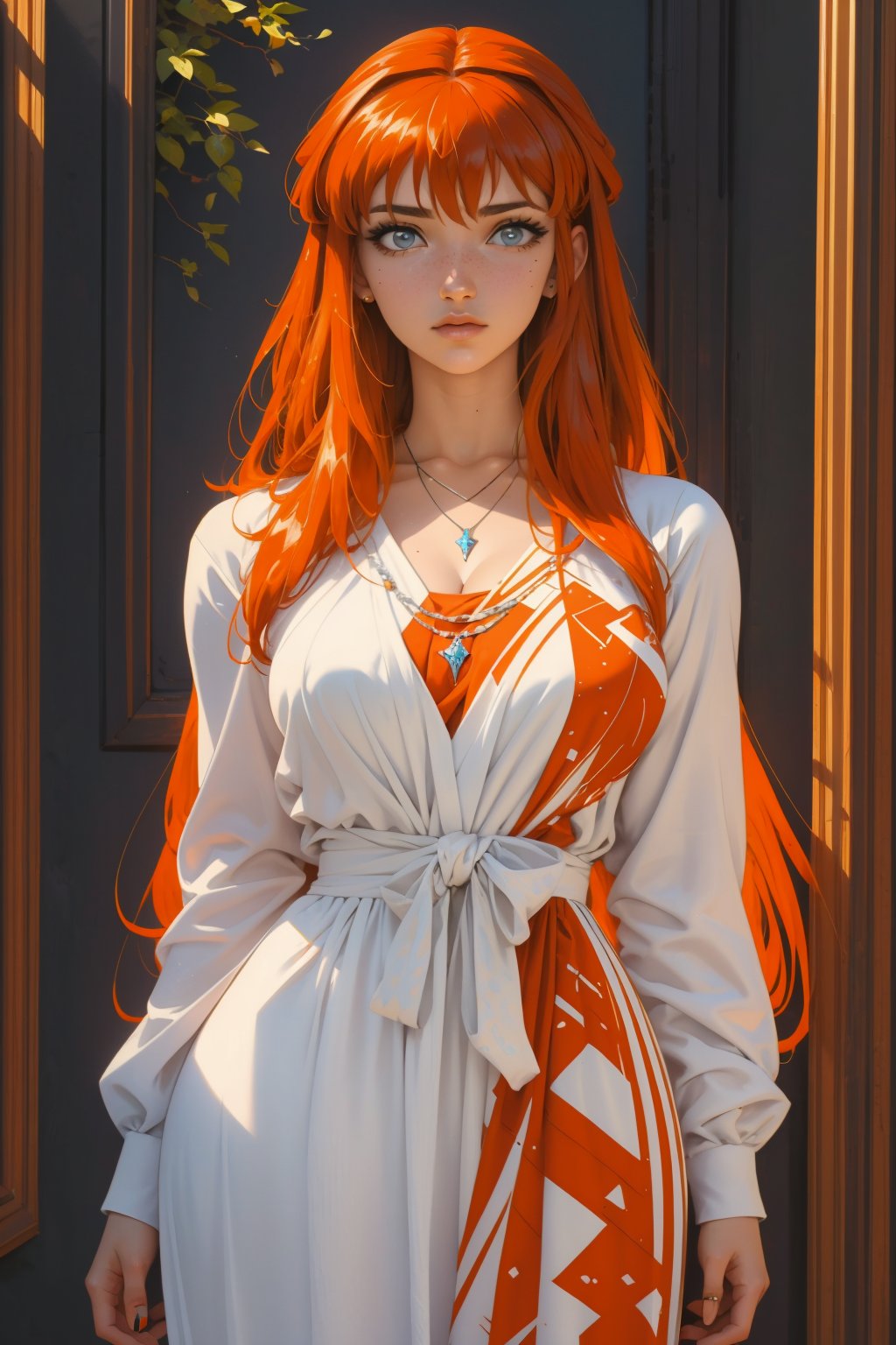 1girl, Kyoko Sano, solo, oil painting, impasto, looking at viewer, a beautiful young woman, 32 years old, long red_orange hair, blue eyes, ((caucasian, white skin)) witch, DnD, tribal necklace, witch psychedelic dress, big breasts, wide hips,  psychedelic background, masterpiece, nijistyle, niji, , sciamano240, soft shading, kyokosano