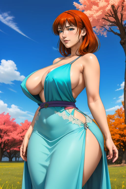 Kyoko Sano is a beautiful woman, 40 years old, pretty face, tall and hourglass, milf, bbw. Long red-orange hair, blue eyes. she has big breasts, large breasts, wide hips, big ass, round ass, wide thighs.  ((She wears a cyan dress with white ornaments)). In the background, the view of a country landscape of orange, yellow, violet and pink trees and green grass, the blue sky with white clouds. Interactive image, detailed image. sciamano240, 1 girl, kyokosano, mature woman