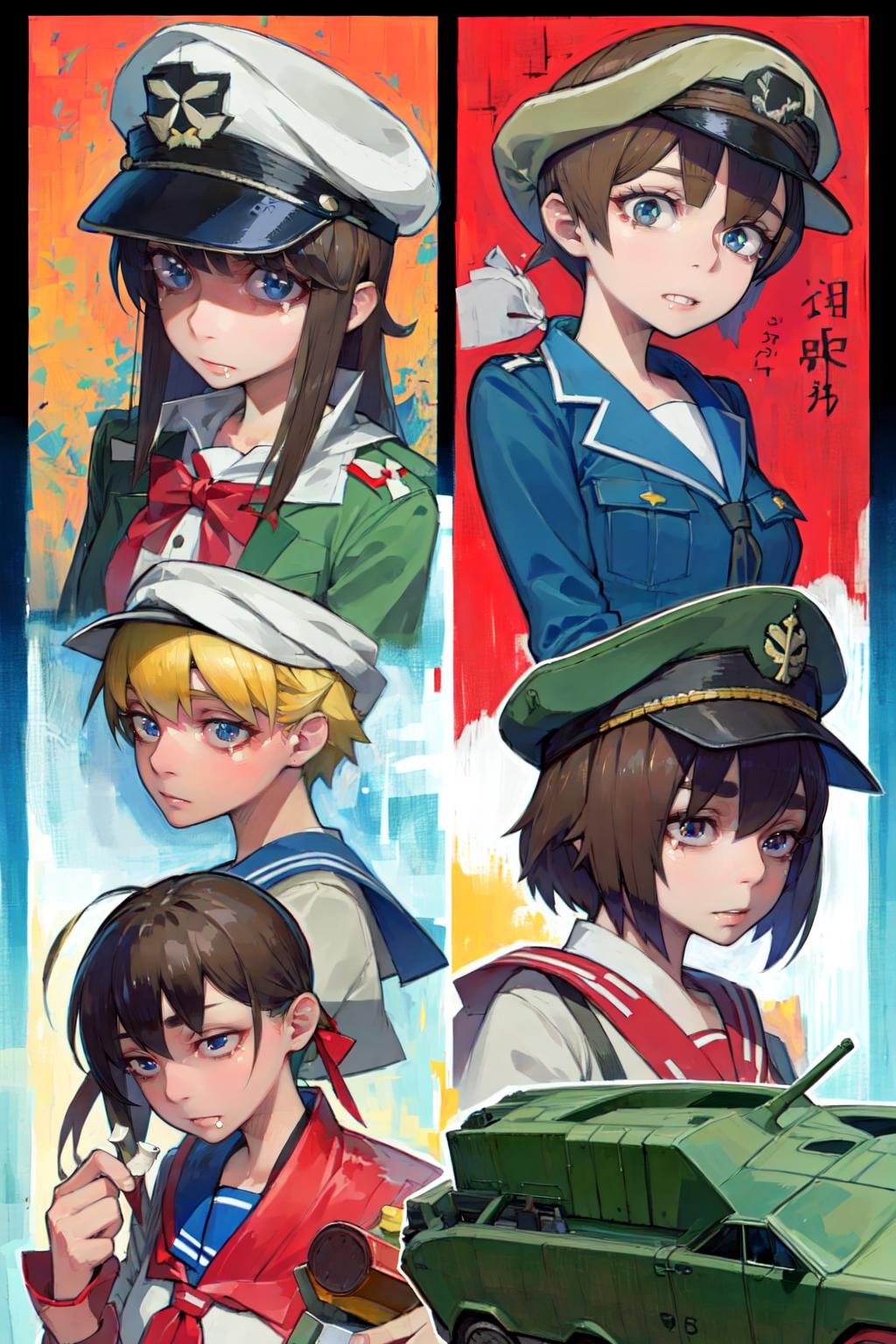 masterpiece,  AGGA_ST060,  long hair,  short hair,  multiple girls,  blonde hair,  brown hair,  hat,  brown eyes,  school uniform,  one eye closed,  japanese clothes,  glasses,  serafuku,  uniform,  military,  4girls,  military uniform,  headband,  traditional media,  goggles,  ground vehicle,  peaked cap,  motor vehicle,  military hat,  military vehicle,  muneate,  ooarai school uniform,  tank,<lora:EMS-277417-EMS:0.700000>