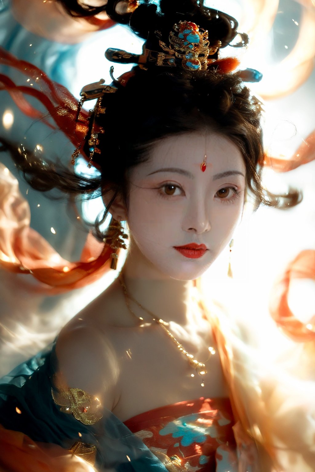 1girl,  solo,  looking at viewer,  black hair,  bare shoulders,  jewelry,  standing,  earrings,  necklace,  light particles,  shawl,  red lips,  smoke,  dunhuang,<lora:EMS-278385-EMS:0.700000>