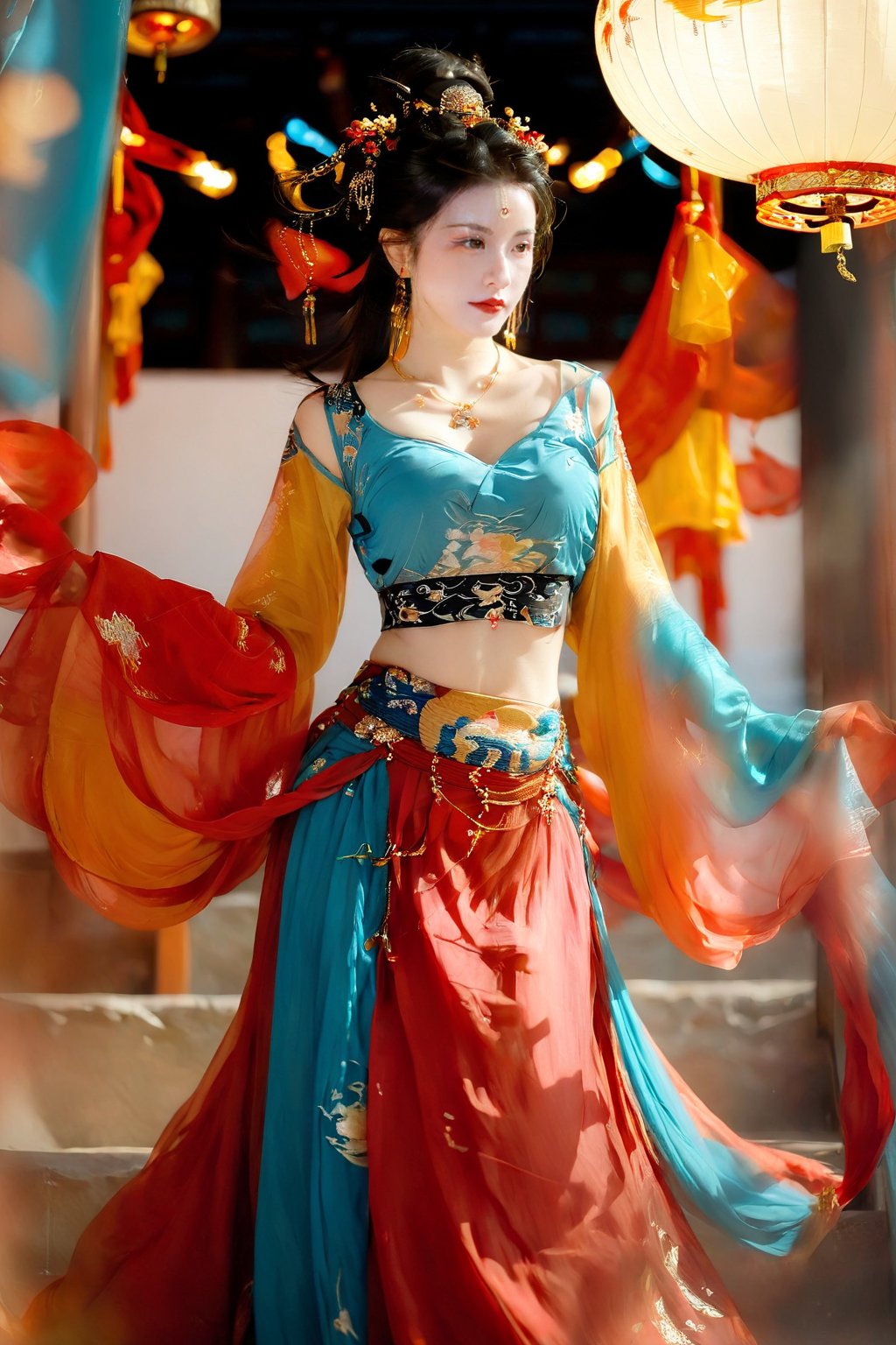 1girl,  solo,  long hair,  breasts,  skirt,  black hair,  hair ornament,  long sleeves,  navel,  cleavage,  bare shoulders,  jewelry,  medium breasts,  standing,  earrings,  detached sleeves,  midriff,  wide sleeves,  necklace,  looking to the side,  red skirt,  chinese clothes,  long skirt,  lantern,  stairs,  red lips, dunhuang,<lora:EMS-278385-EMS:0.600000>