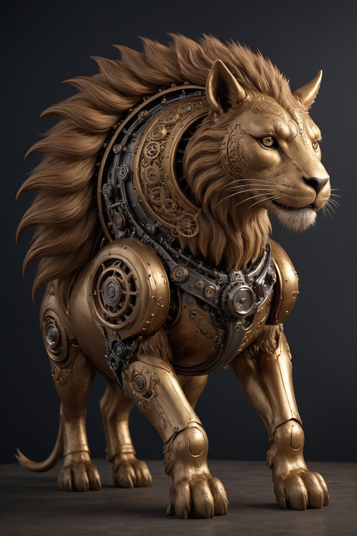 Generate hyper realistic image of a colossal mechanical chimera, blending the features of a lion, goat, and serpent with steampunk-inspired gears and machinery. Its imposing form and metallic roar signify a fusion of monstrous and industrial elements.more detail XL,more detail XL,
