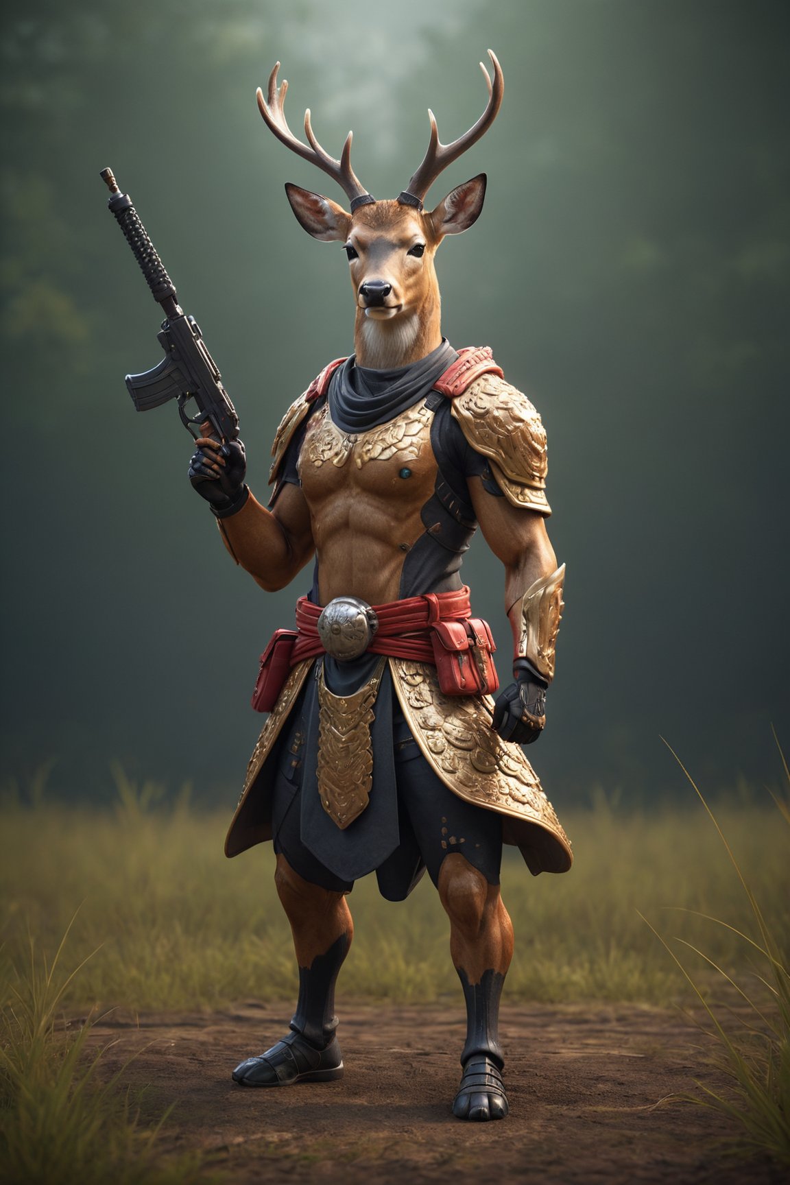 Anthropomorphic deer , Cyborg , wearing a samurai clothing in battle pose ,holding an mushroom gun , with wounds and scratches, musculated, anthropomorphic, anthropomorphic, full body shot, wide Angle, octane render RTX, render, realistic render, cinematic lighting
