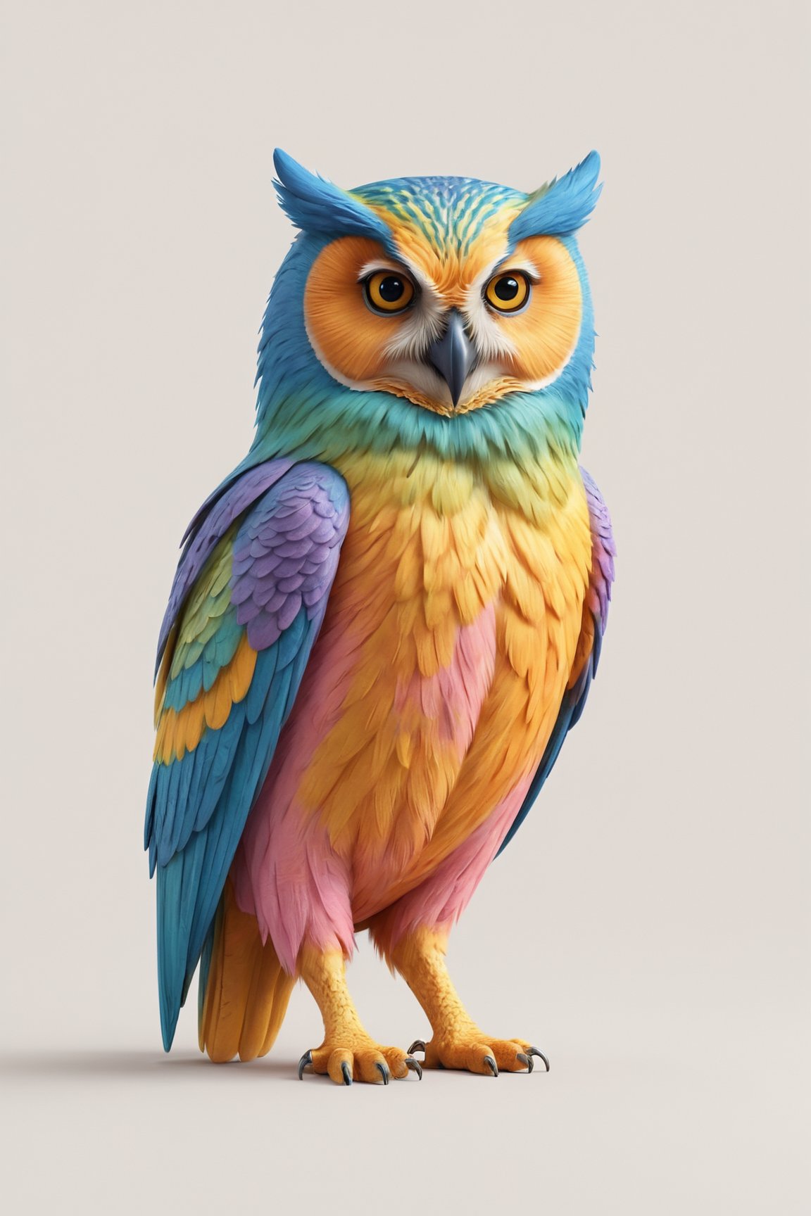 Portrait of colorful owl pastel colors , full shot (FS), ((full body with legs)), white background, standing, looking straight, digital art, medieval, 8K resolution, ultra quality, trending art station, greg rutkowski, muted colors, low saturation,High detailed,greg rutkowski
