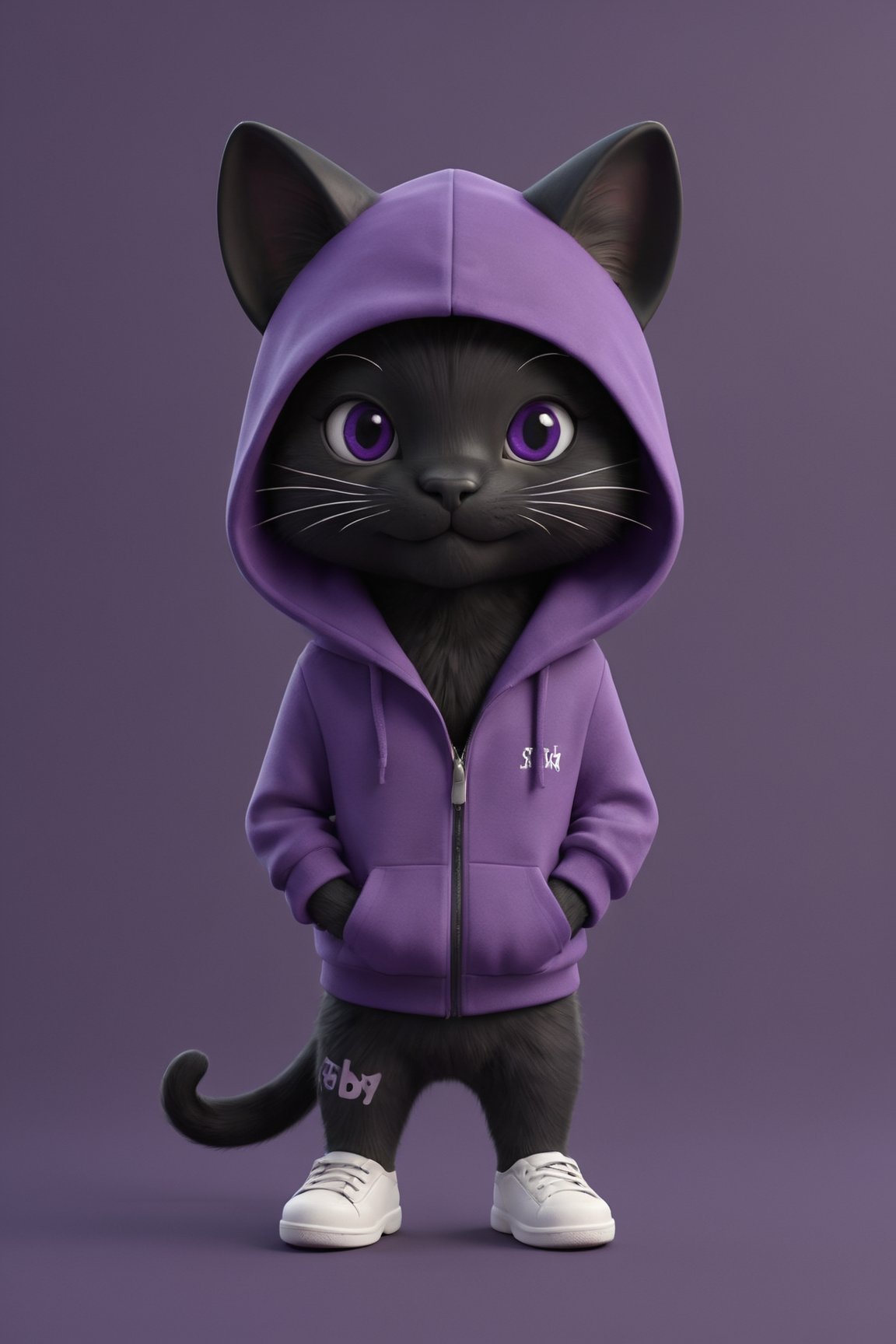 black kitty with a purple hoodie, 3d render, typography, fashion, illustration, photo, anime, painting, dark fantasy
