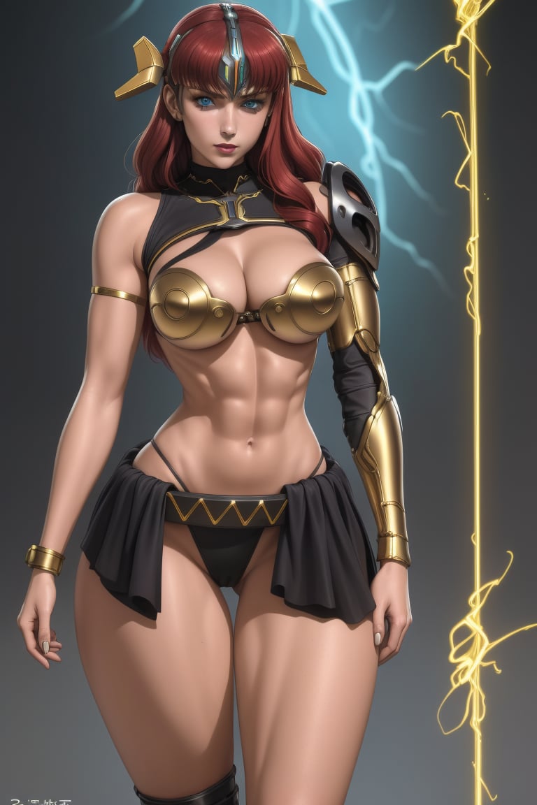 a beautiful 25-year-old woman, she has long red hair and blue eyes., muscular body. She wears highly technological, cybernetic, and sci-fi armor on her torso and abdomen. On her right arm she has a black and gold bracelet and a gold bracelet on her upper arm. On her left arm, the black wrap continues to her fingers and she has a full-length arm guard with metallic details. On the lower part of her body she has a large black cloth wrap that flows over her hips and thigh-high black boots. She has big breasts, strong arms, ripped abs, wide hips, big ass, round ass, wide thighs. High Quality, high detailed.  sciamano240, Claudette Vance, 