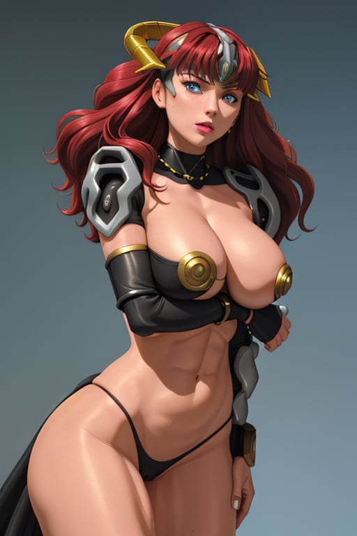 a beautiful 25-year-old woman, she has long red hair and blue eyes., muscular body. She wears highly technological, cybernetic, and sci-fi armor on her torso and abdomen. Strong arms. On her right arm she has a black and gold bracelet and a gold bracelet on her upper arm. On her left arm, the black wrap continues to her fingers and she has a full-length arm guard with metallic details. On the lower part of her body she has a large black cloth wrap that flows over her hips and thigh-high black boots. She has big breasts, strong arms, ripped abs, wide hips, big ass, round ass, wide thighs. High Quality, high detailed.  sciamano240, 1girl, Claudette Vance, Milf,High detailed ,Color Booster