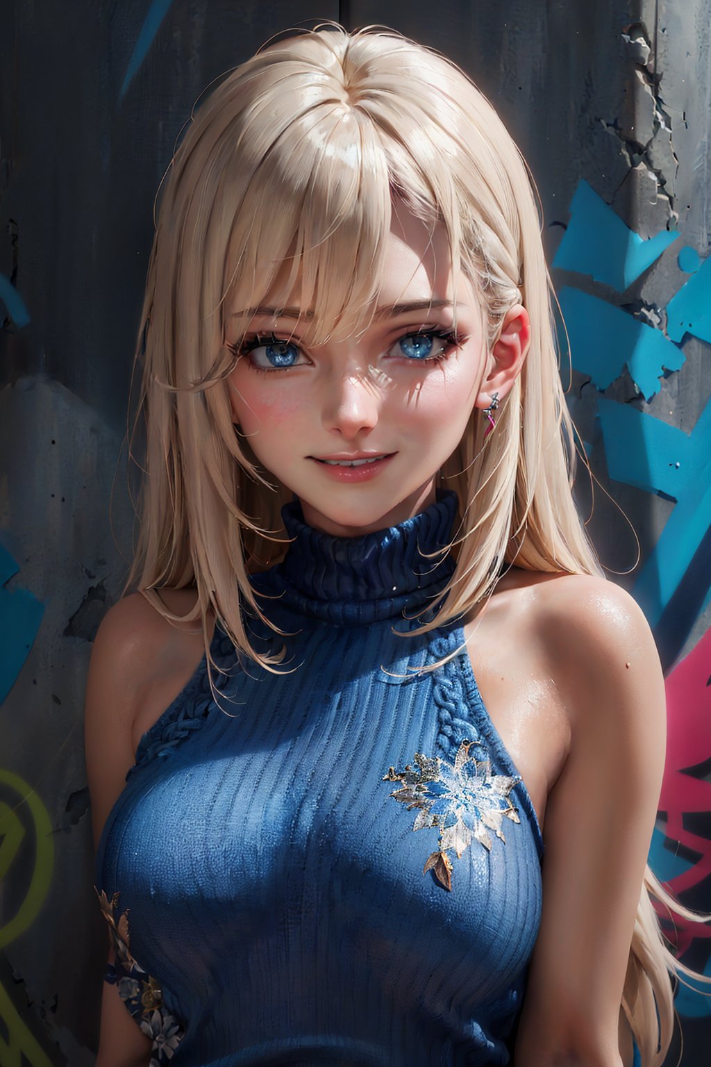 (masterpiece), (best quality), (HDR), intricate detail, 
1girl, mature woman, bare_shoulders, smile, tan skin, hair colour highlights, long hair, (sharp eyes, blue eyes, detailed eyes:1.2), sweater, upper body, graffiti wall background,