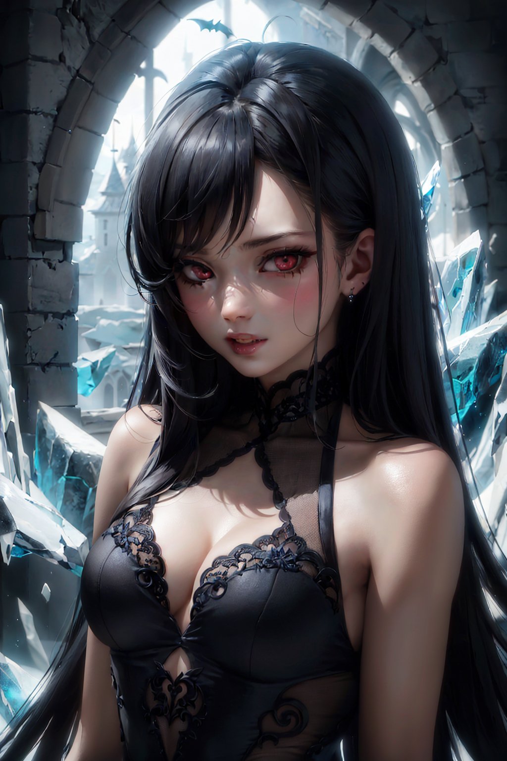 (masterpiece), (best quality), (HDR), intricate detail, 
1girl, bare_shoulders, pale skin, black hair, long_hair, (sharp eyes, red_eyes, detailed eyes:1.2), vampire black dress, lace trim, portrait, upper body, bloom effect, ice castle background,