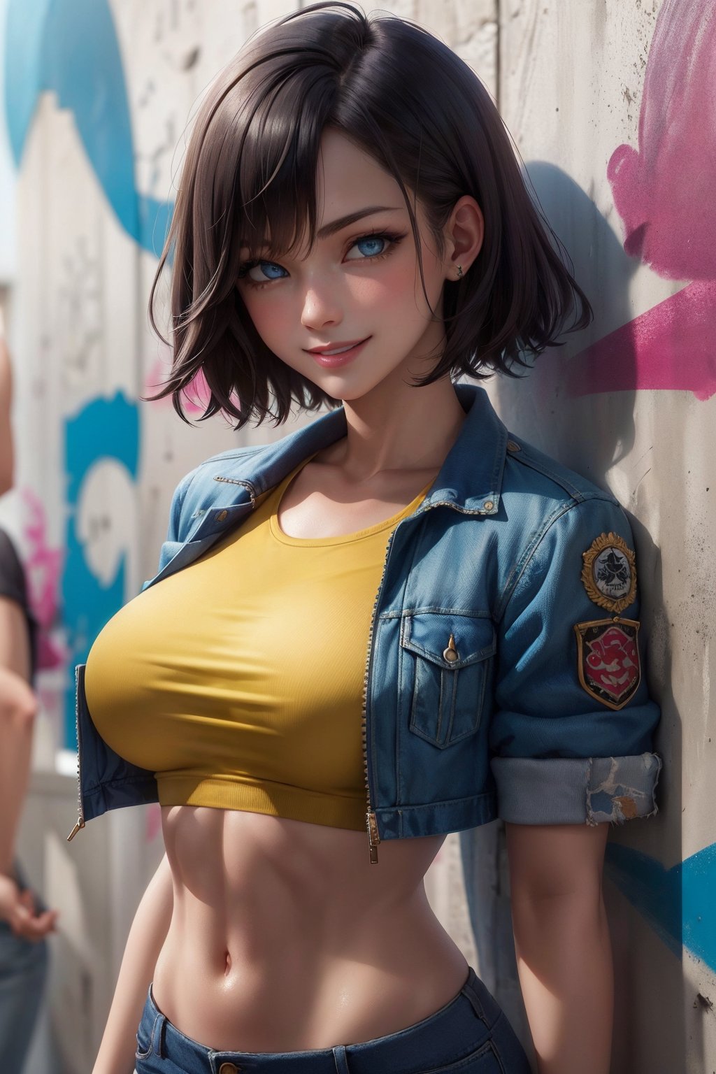 (masterpiece), (best quality), (HDR), intricate detail, 
1girl, mature woman, smile, tan skin, hair colour highlights, short hair, (sharp eyes, blue eyes, detailed eyes:1.2), croptop, cropped_jacket, large breasts, short shorts, midriff, upper body, graffiti wall background,